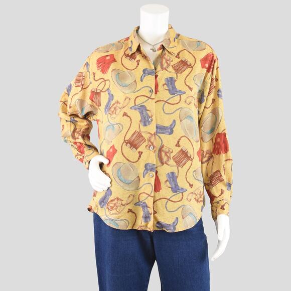 Vintage Dockers Western Print Yellow Button-Up Shirt, Women's Petite Small - Picture 1 of 10